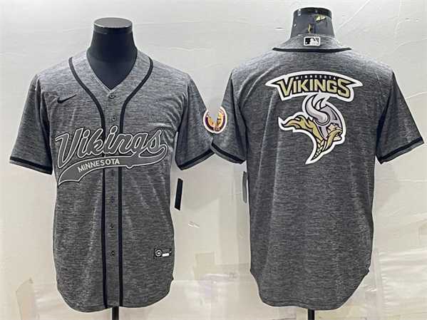 Men%27s Minnesota Vikings Gray Team Big Logo With Patch Cool Base Stitched Baseball Jersey->new england patriots->NFL Jersey